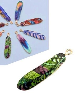 🔴 5 for $10 ONE Colorful Enamel Feather-Shaped Pendant Charm Bohemian Style